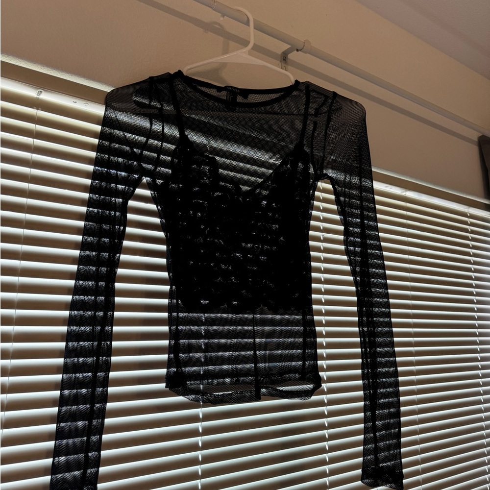 Forever 21 Mesh Black Long Sleeve with Lace Tank Top Underneath